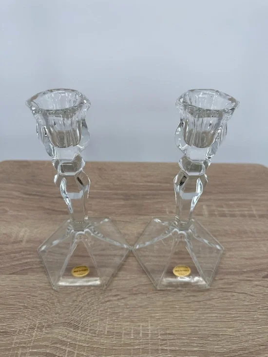 Vintage Teleflora French Crystal Glass Candlestick Holders Pair France 7" - Picture 8 of 8